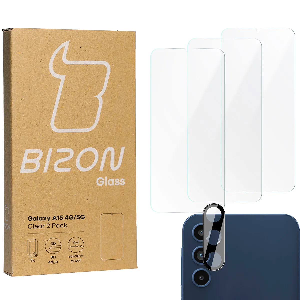 Zestaw ochronny Bizon 3x Szkło hartowane + szybka na aparat Clear 2 Pack do Samsung Galaxy A15 5G/4G