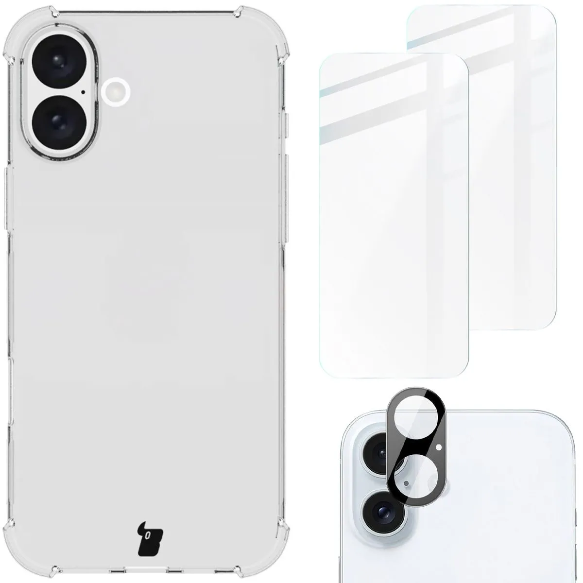 Etui Bizon elastyczne etui + 2x szkło hartowane + szkło na aparat Clear Pack do iPhone 16 Plus