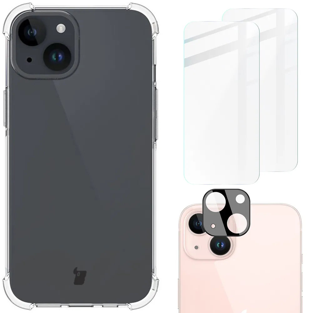 Etui Bizon elastyczne etui + 2x szkło hartowane + szkło na aparat Clear Pack do iPhone 15