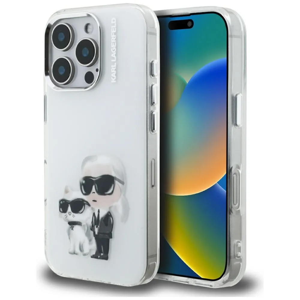 Etui Karl Lagerfeld IML Aquarelle Karl & Choupette & Logo do iPhone 16 Pro Max Biały