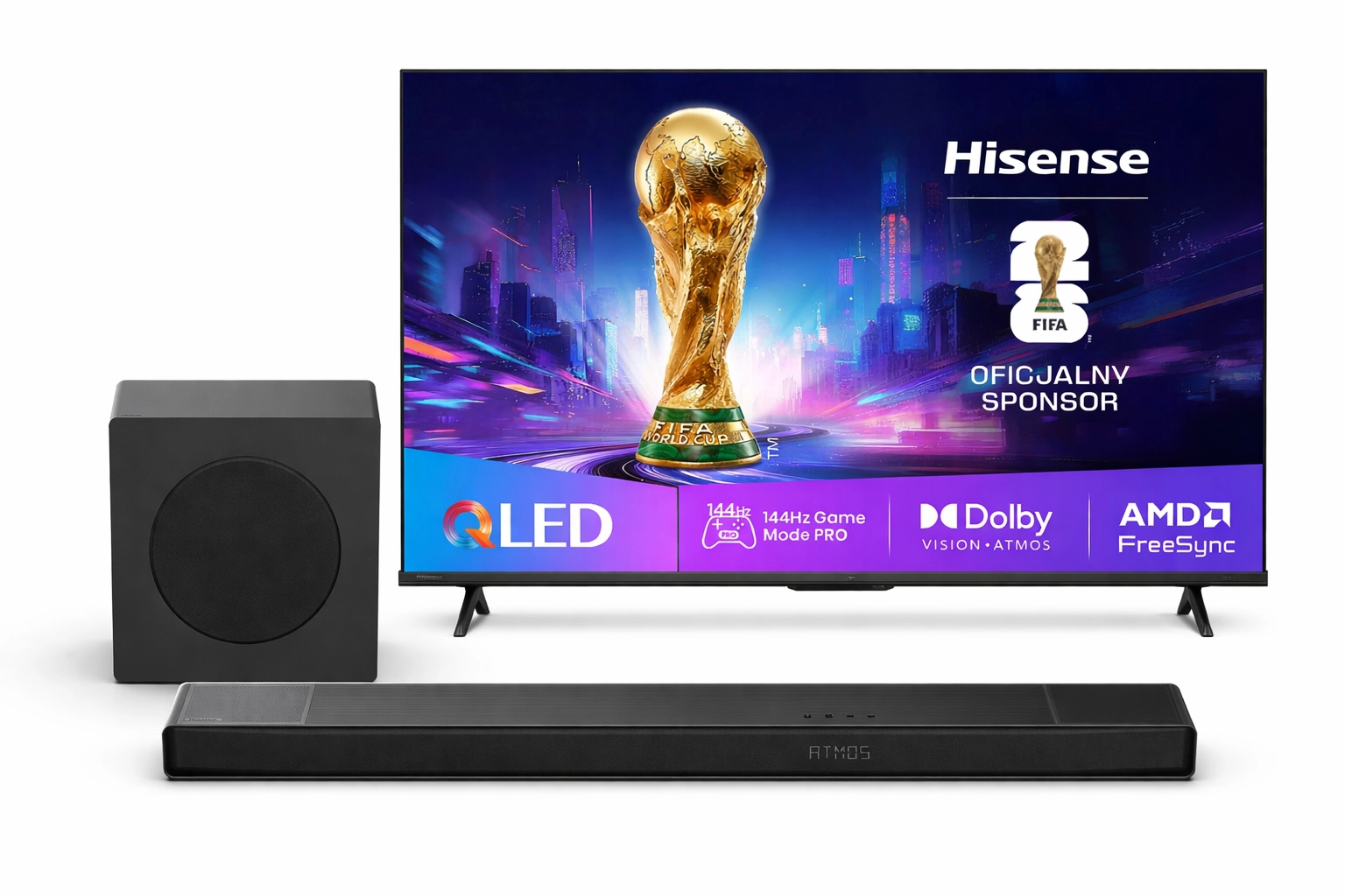 Telewizor Hisense 55E7Q PRO 55" QLED 4K 144Hz Smart TV Funkcje AI Dolby Vision Dolby Atmos HDMI 2.1 + Soundbar AX3120Q