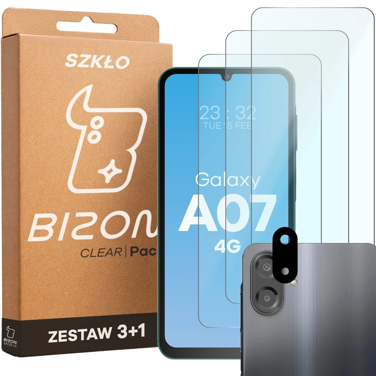 Zestaw ochronny Bizon Szkło + szybka na aparat Glass Clear Pack do Galaxy A07 3 sztuki