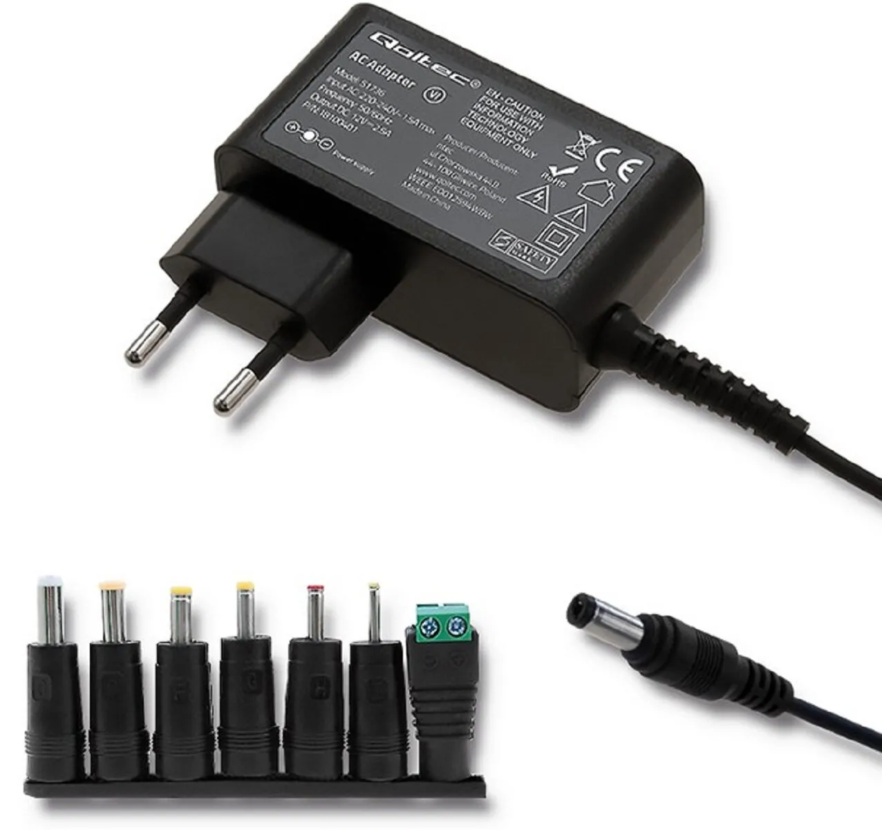 Zasilacz do laptopa Qoltec 51736 Uniwersalny 12V 2.5A MultiPlug 7 Wtyczek 30W Czarny