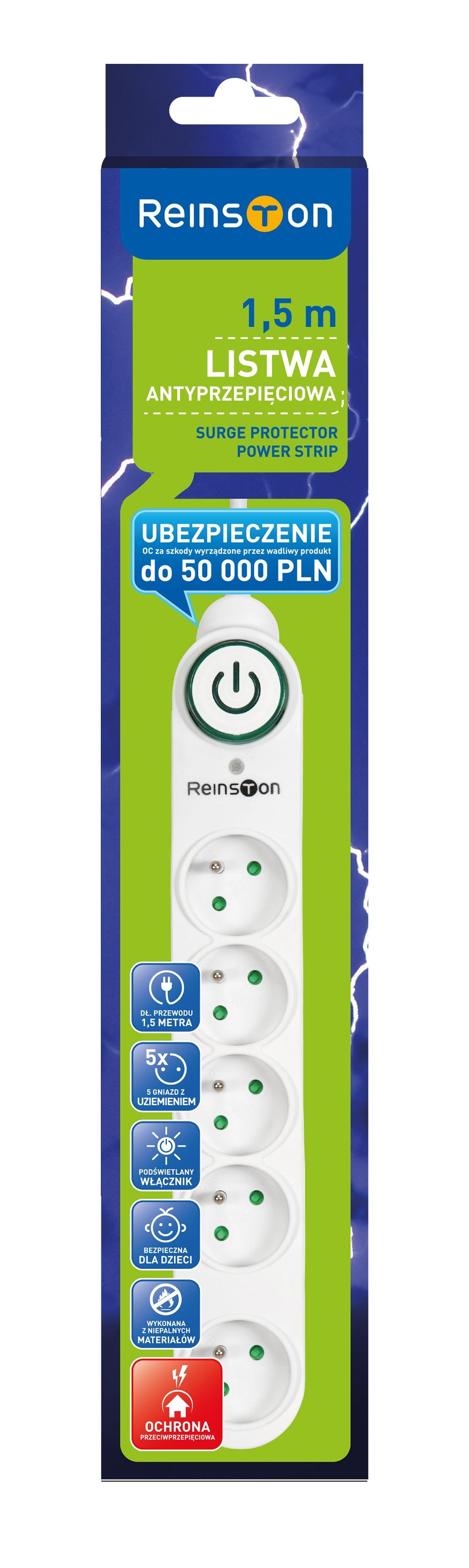 Listwa Reinston ALZ002 5 gniazd 1,5m Biały