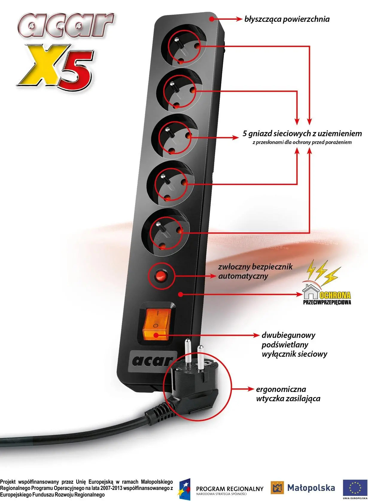 Listwa Acar X5 5 gniazd 3m Szary