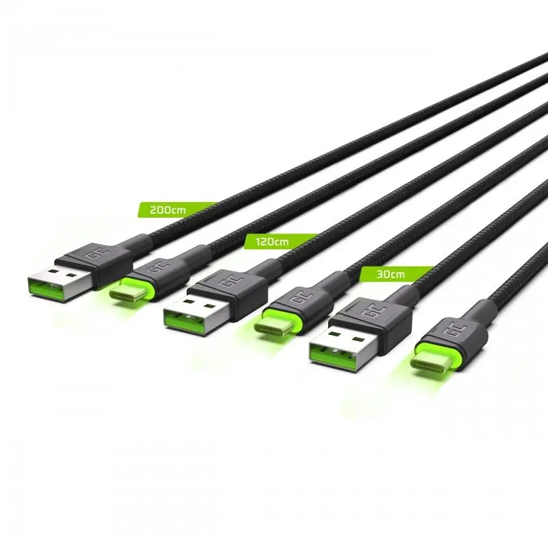 Kabel Green Cell Zestaw 3x GC Ray USB-C 0,3m, 1,2m, 2m Czarny