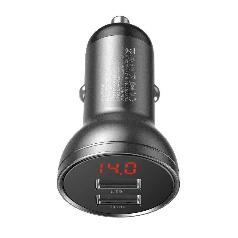 Ładowarka samochodowa Baseus z wyświetlaczem 2x USB 4,8A 24W Szary