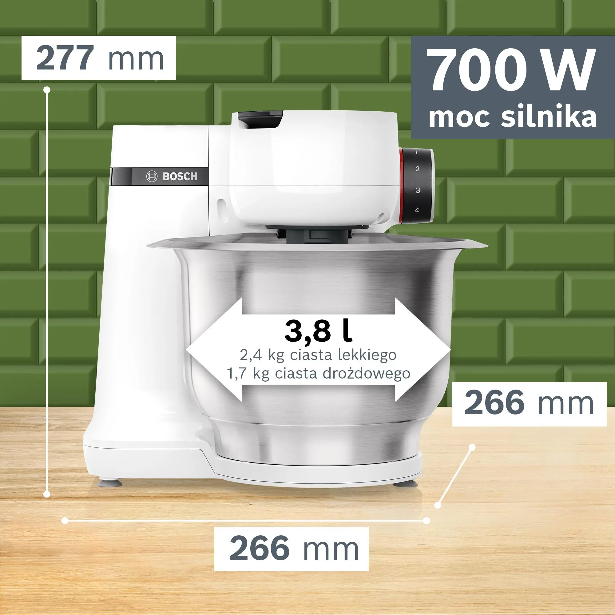 Robot kuchenny Bosch MUMS2EW40 Wydajność do 2,4kg lekkiego ciasta Kompaktowe wymiary