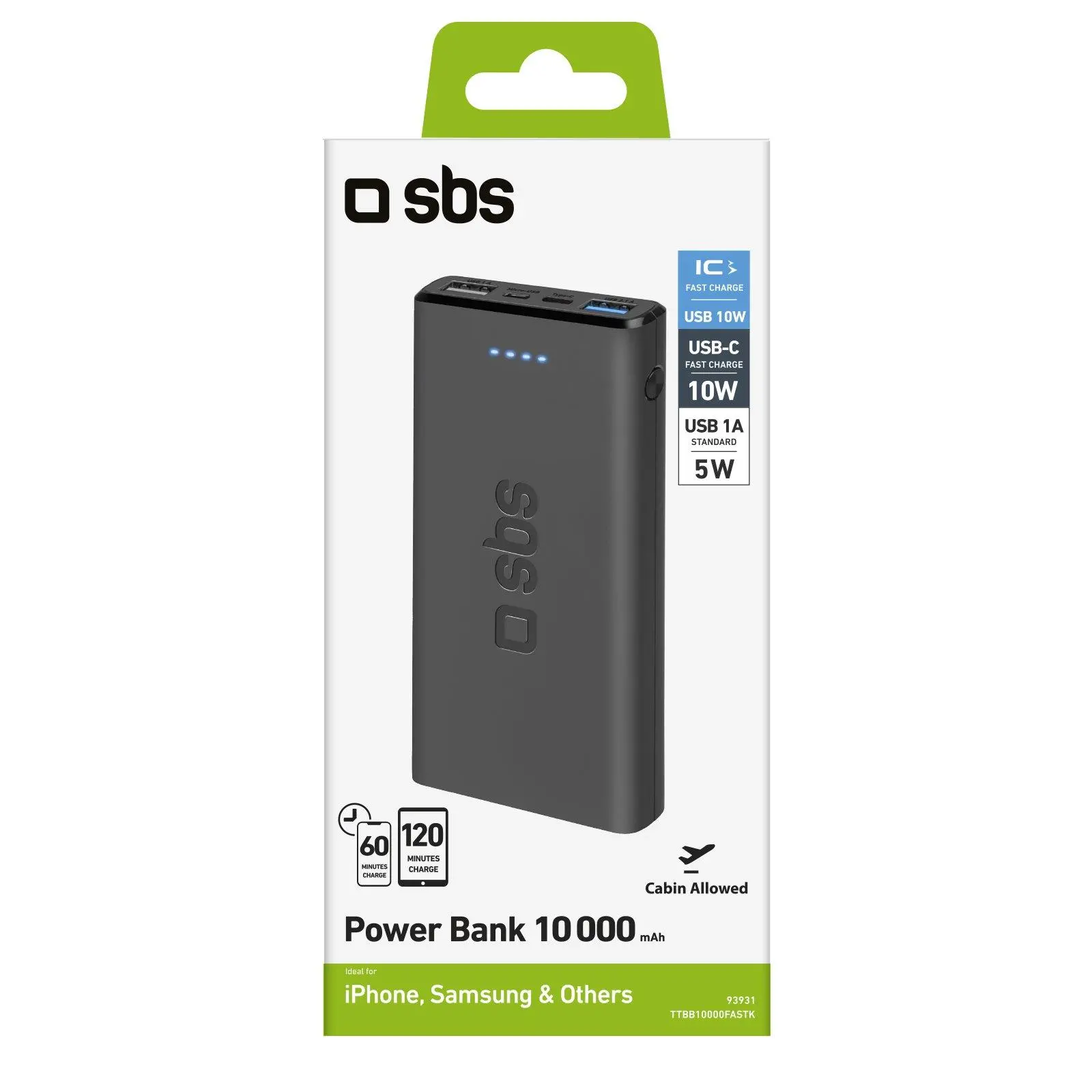 Powerbank SBS TTBB10000FASTK 10000mAh USB-C + micro USB 10W Czarny