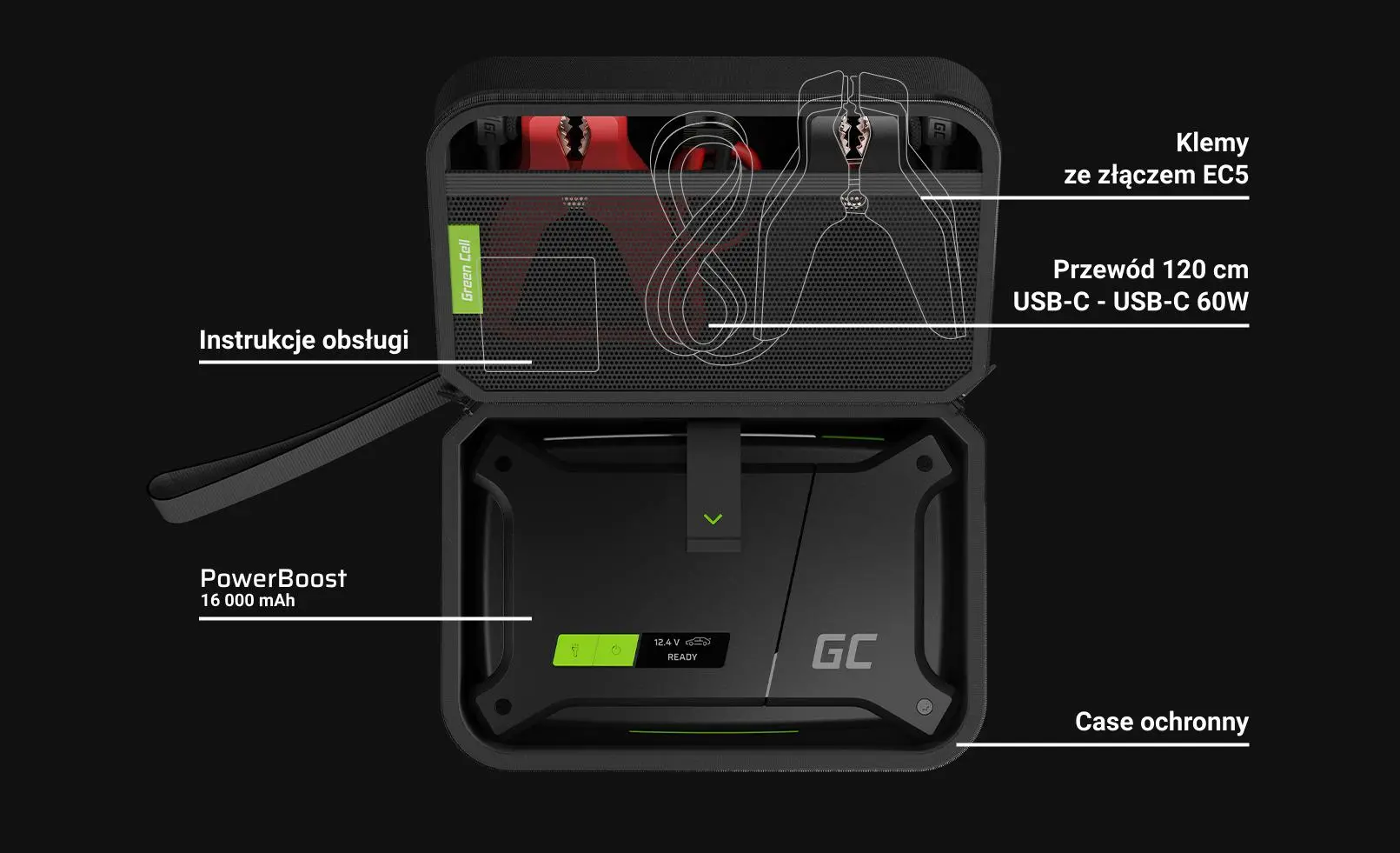 Powerbank Green Cell PowerBoost Car Jump Starter / 16000mAh 60W Czarny