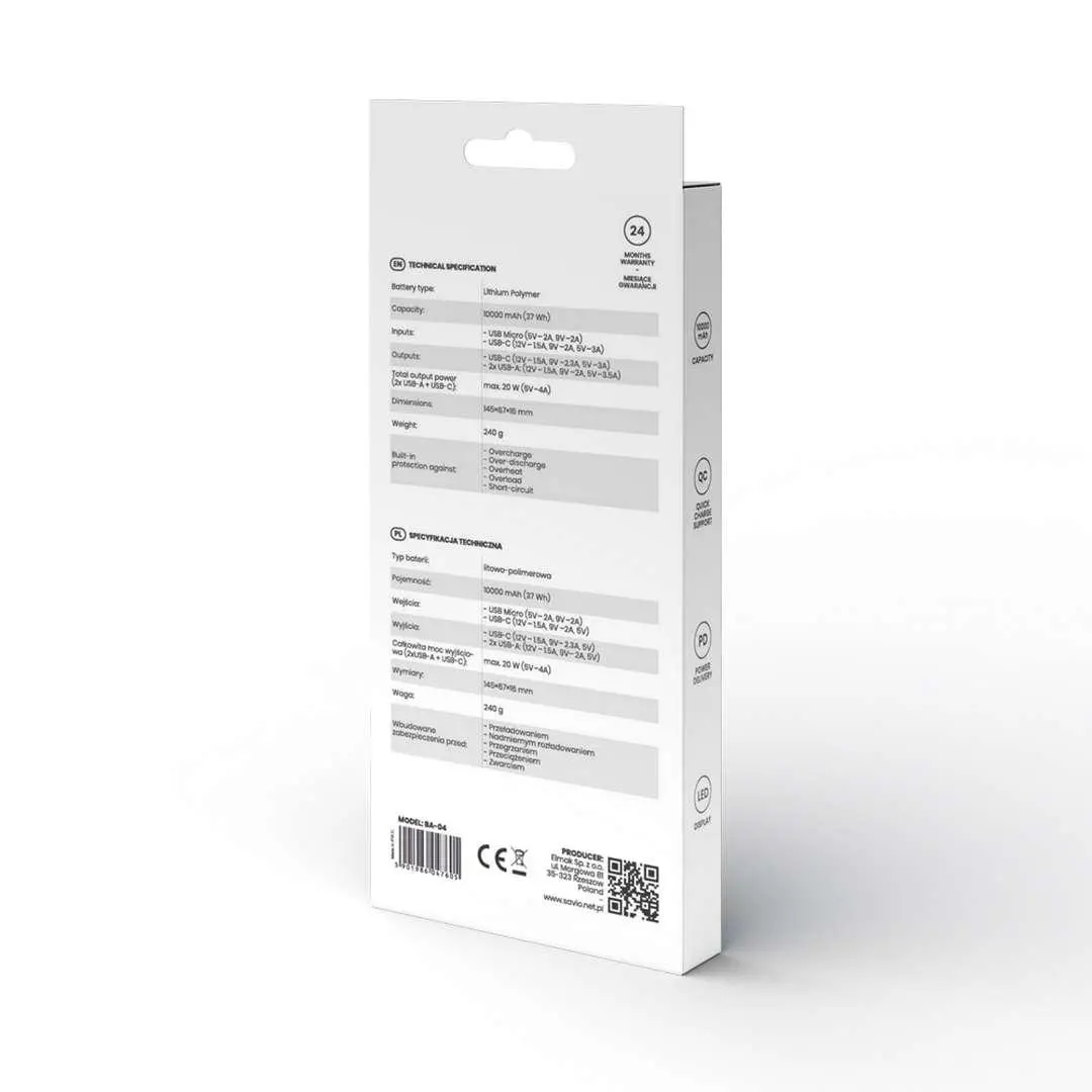 Powerbank Savio BA-04 10000mAh 20W Biały
