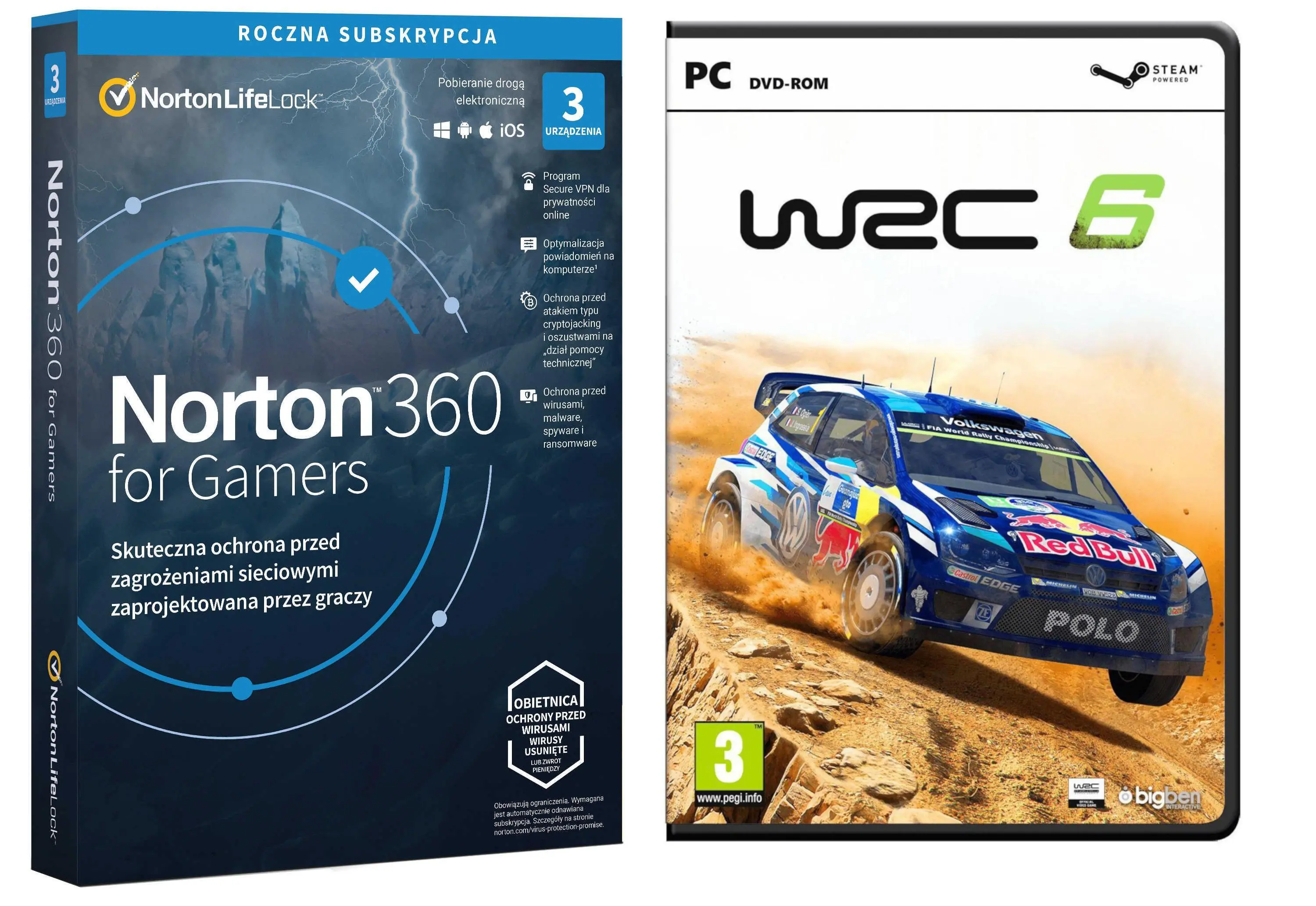 Antywirus Norton 360 for Gamers 50GB 3 Urządzenia/1 Rok + WRC 6 PC