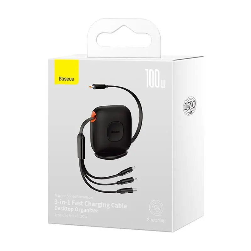 Kabel Baseus Traction 3w1 USB-C Lightning micro 100W 1,7m Czarny