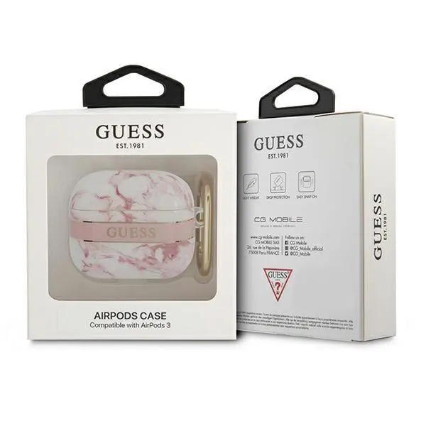 Etui na słuchawki Guess Marble Strap Collection do AirPods 3 Różowo-biały