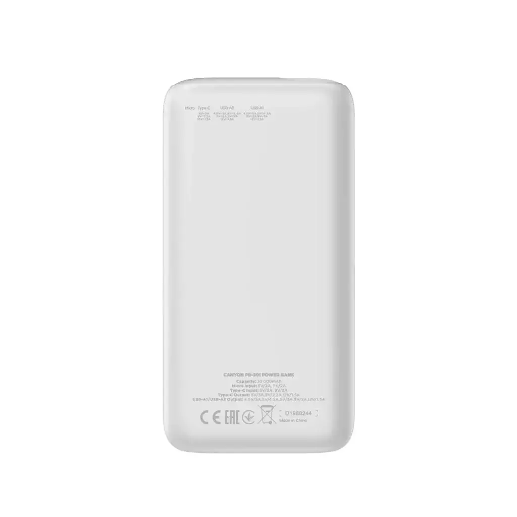 Powerbank Canyon PB-301 Biały 30000mAh OC 3.0 PD 20W Biały