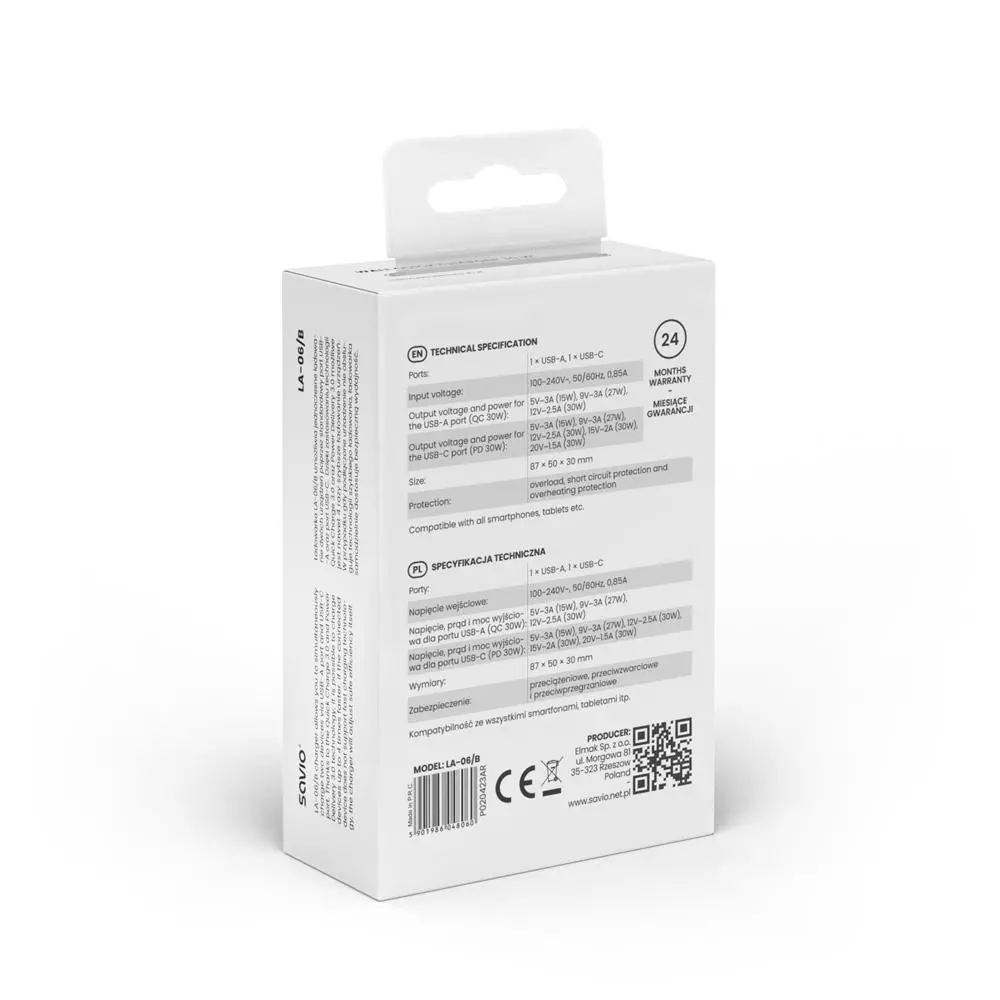 Ładowarka sieciowa Savio LA-06 30W QC PD 3.0 Czarny