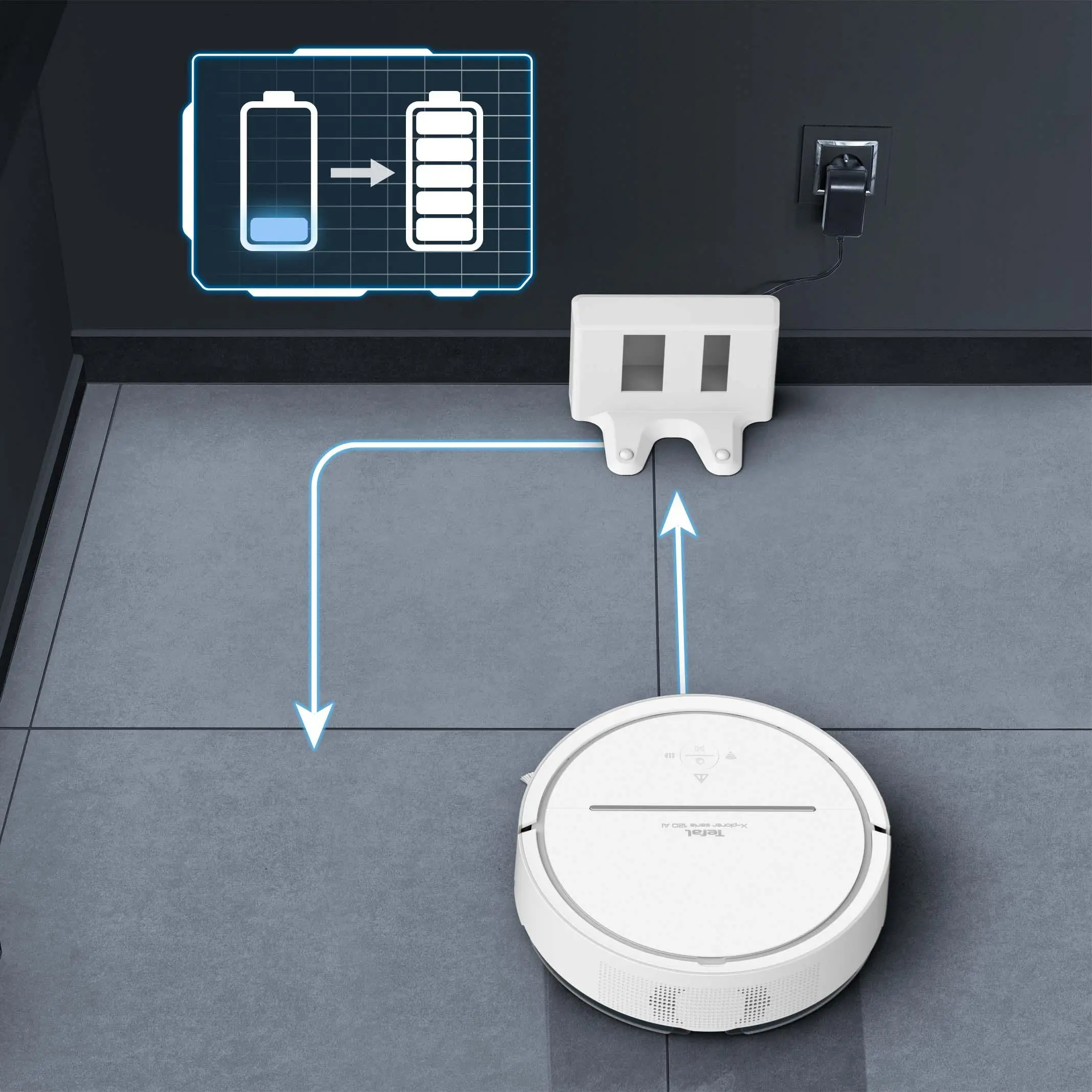 Robot sprzątający Tefal X-plorer Serie 120 AI RG7867 Funkcja mopowania Tworzenie mapy pomieszczenia 65dB