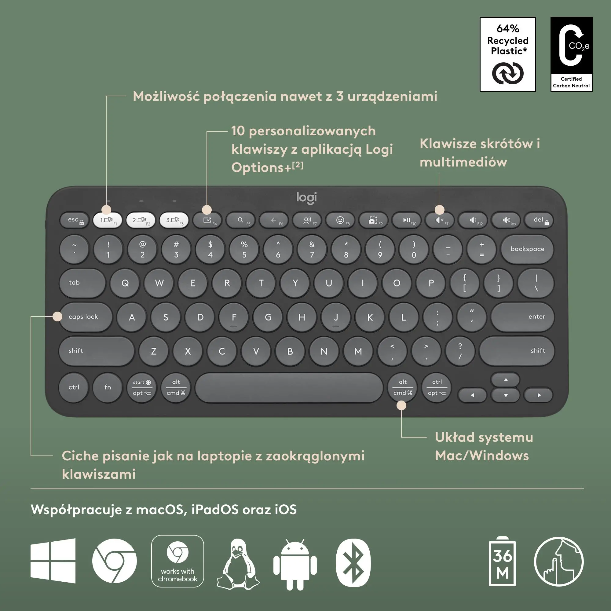 Klawiatura membranowa Logitech Pebble Keys 2 K380s Grafitowy
