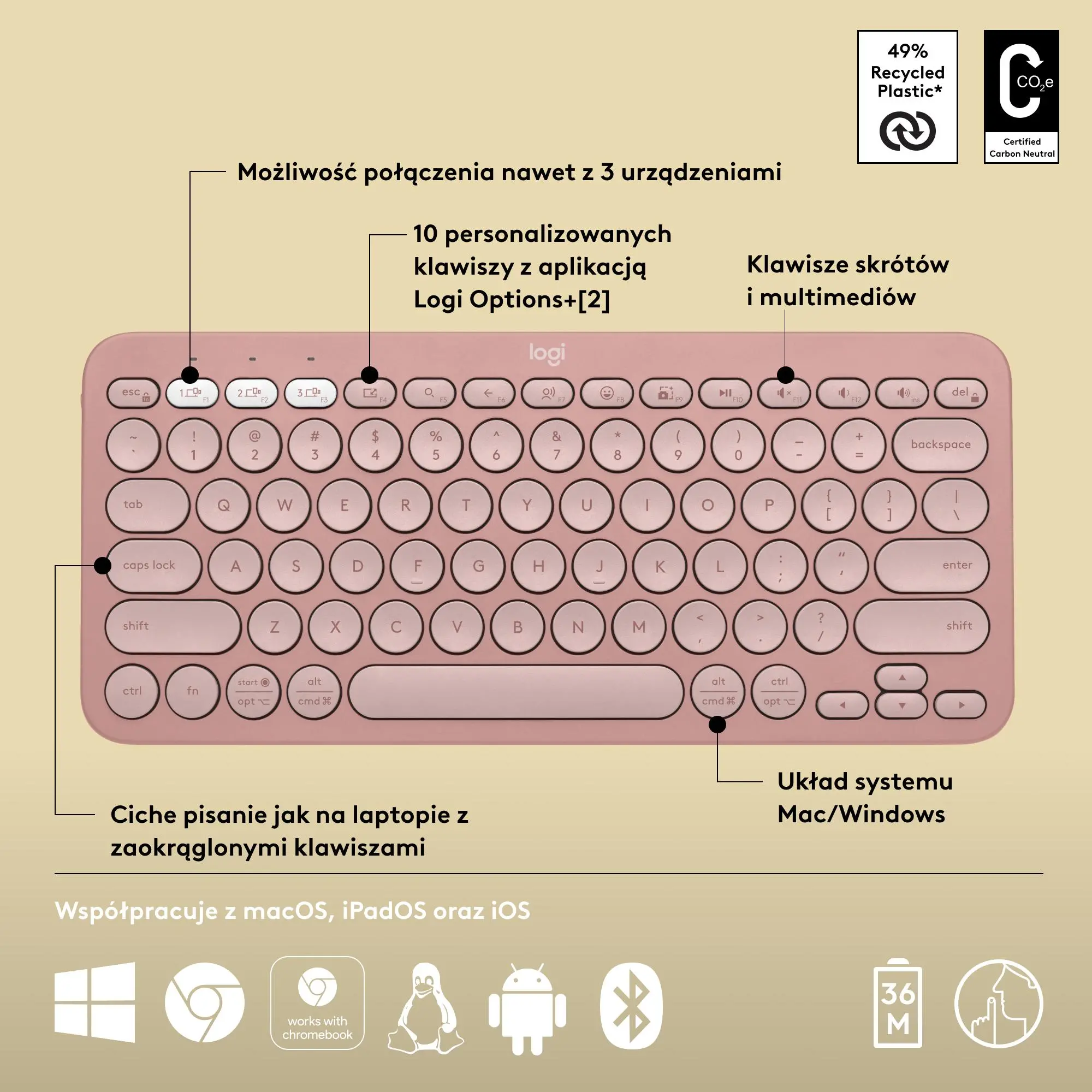 Klawiatura membranowa Logitech Pebble Keys 2 K380s Różowy