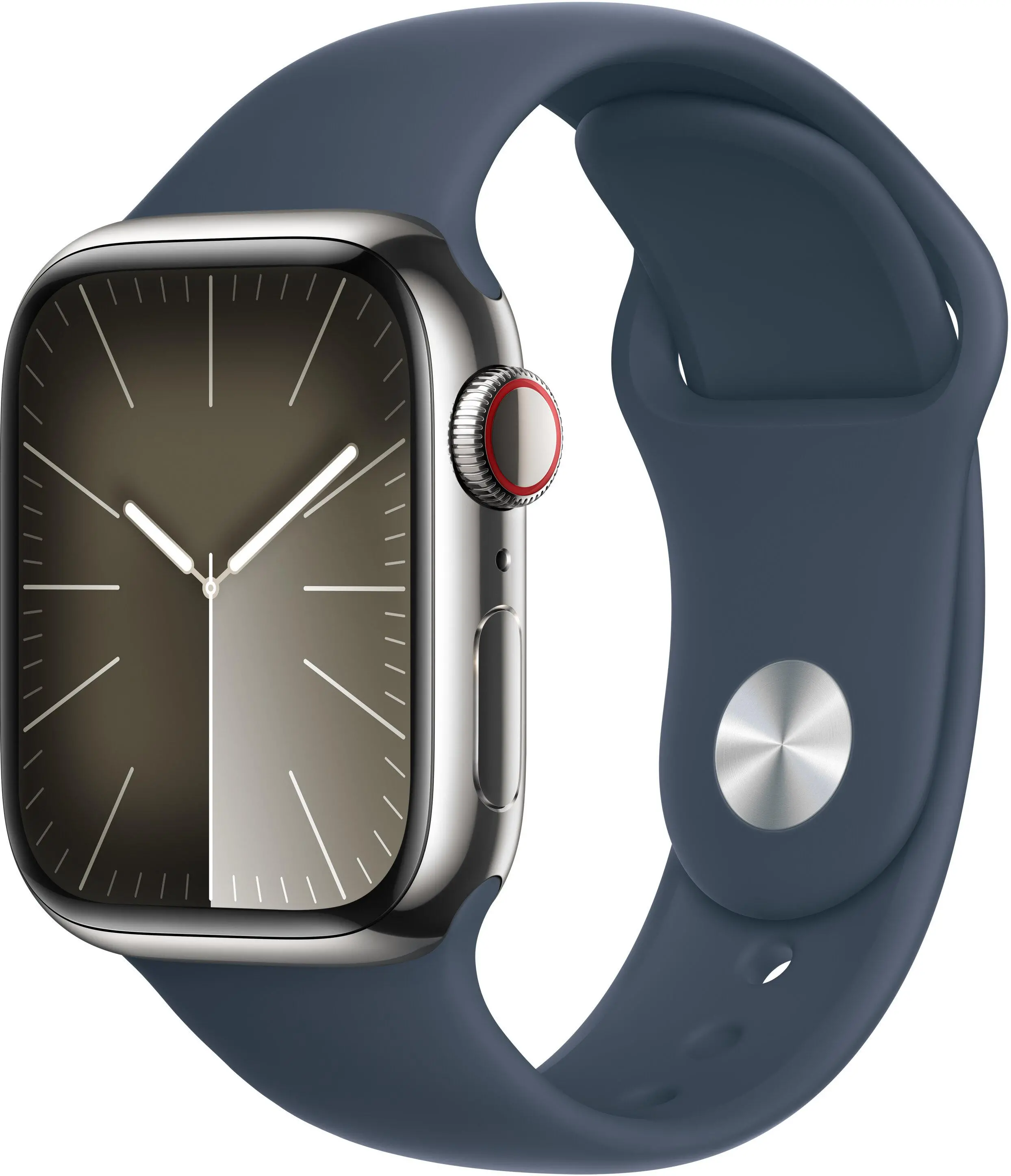 Apple Watch Series 9 GPS + Cellular koperta 41mm ze stali nierdzewnej Srebrny pasek sportowy Niebieski M/L