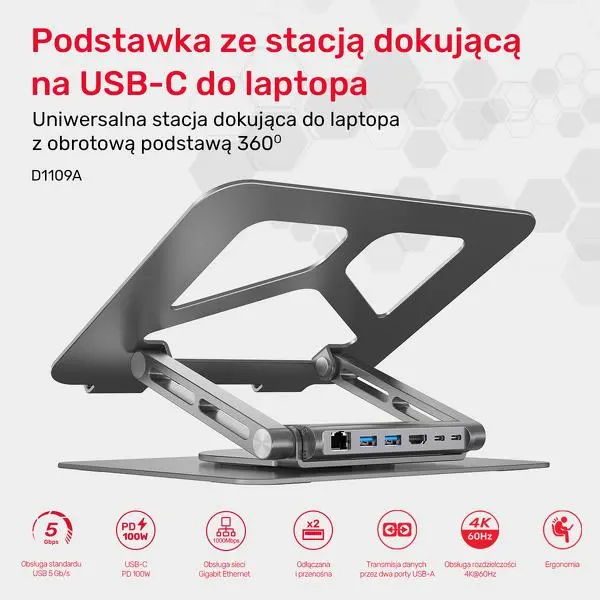 Podstawka na laptopa Unitek D1109A USB-C HDMI 4K PD 100W z odłączanym HUB'em Szary