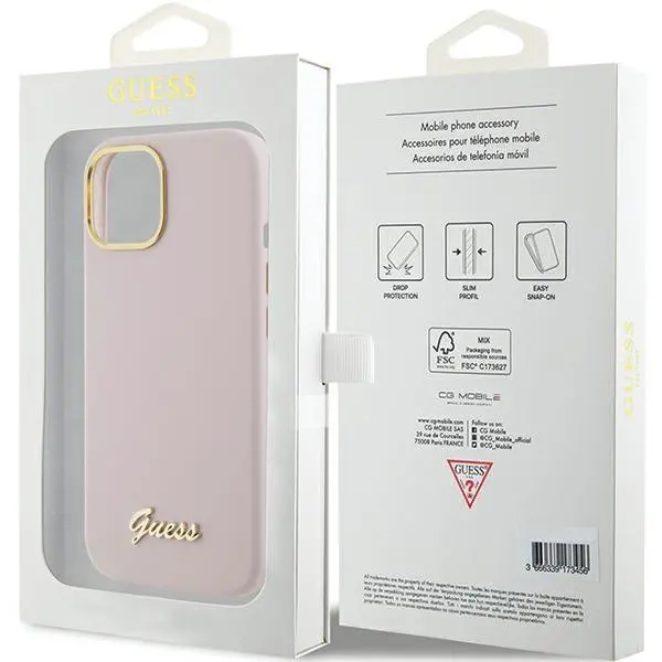 Etui Guess Silicone Script Metal Logo & Frame GUHCP15SSMBSLP do iPhone 15 Różowy