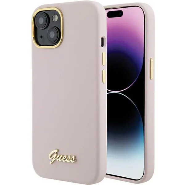 Guess Silicone Script Metal Logo & Frame GUHCP15SSMBSLP do iPhone 15 Różowy
