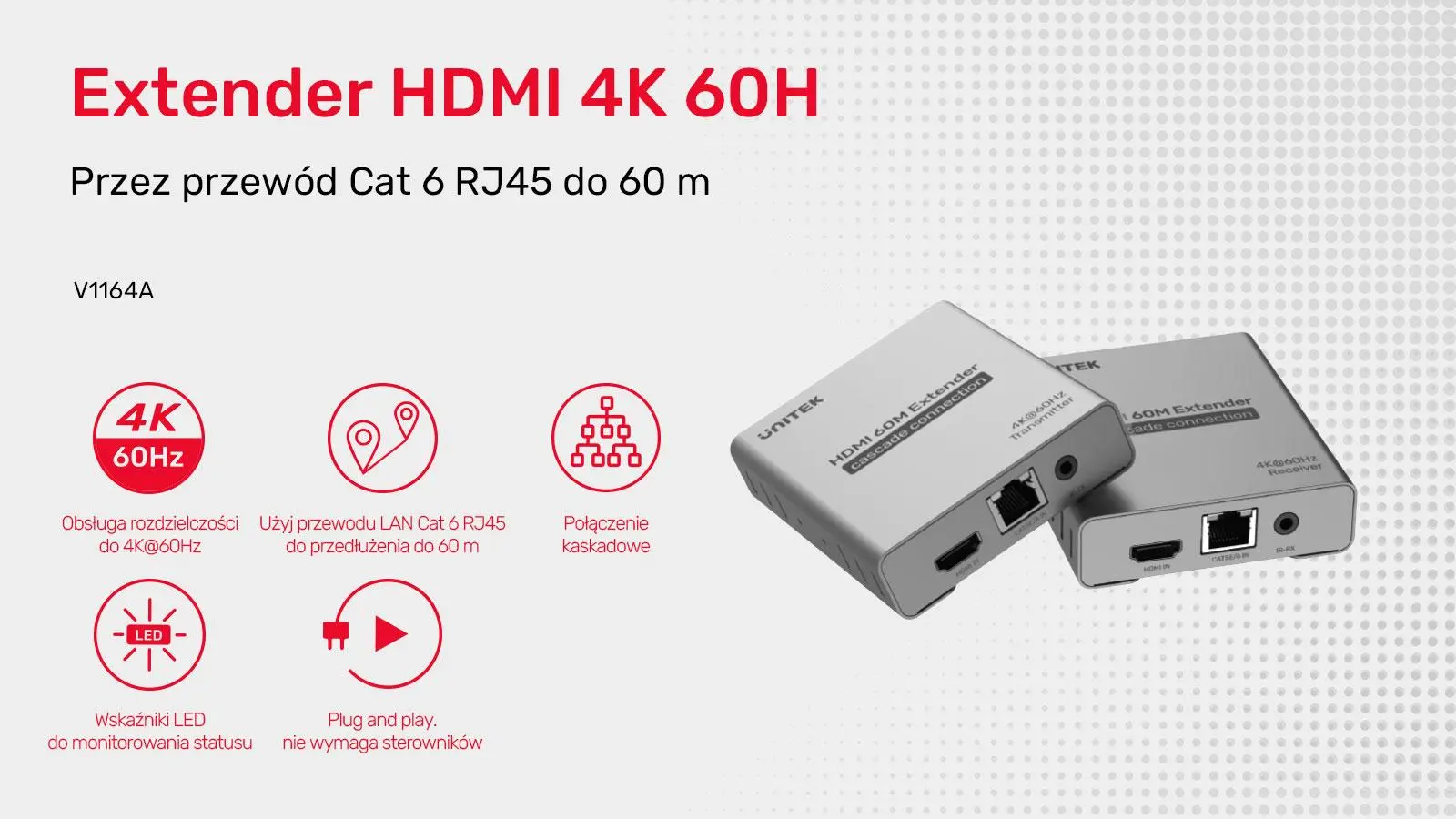 Repeater Unitek V1164A Ekstender HDMI 2.0 4K przez Ethernet do 60m