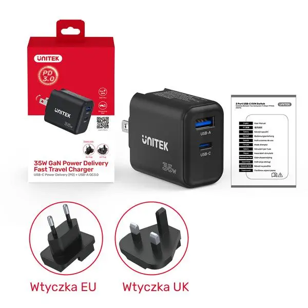 Ładowarka sieciowa Unitek GaN Power Delivery 35W USB-C USB-A Czarny