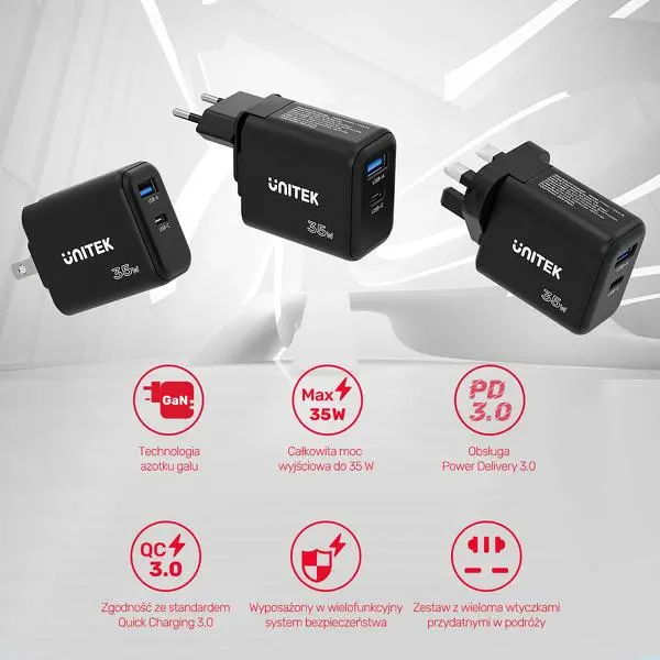 Ładowarka sieciowa Unitek GaN Power Delivery 35W USB-C USB-A Czarny