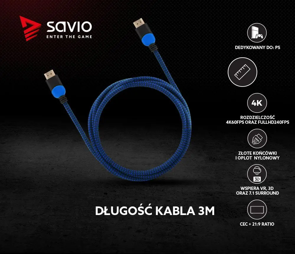 Kabel HDMI Savio GCL-05 3m Niebieski