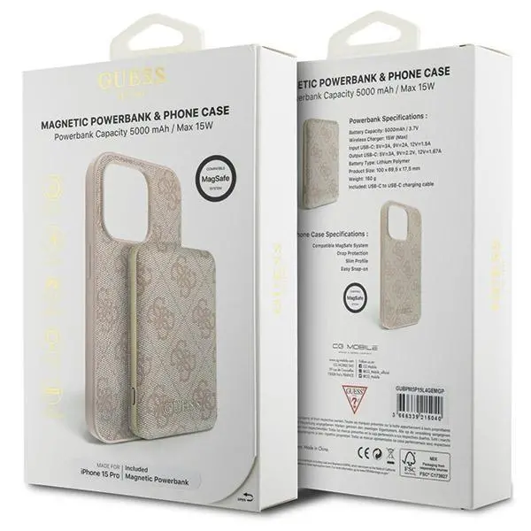 Etui Guess Zestaw do iPhone 15 Pro + Powerbank 5000mAh MagSafe 4G Metal Logo Różowy