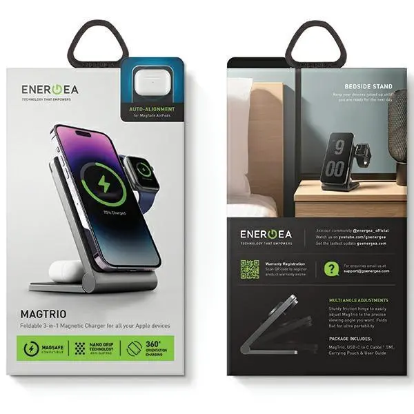 Ładowarka indukcyjna Energea MagTrio składana 3w1 15W Fast Charging MagSafe Szary