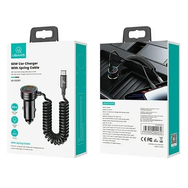 Ładowarka samochodowa USAMS C33 2xUSB-C 1xUSB-A  Fast Charge 60W Czarny