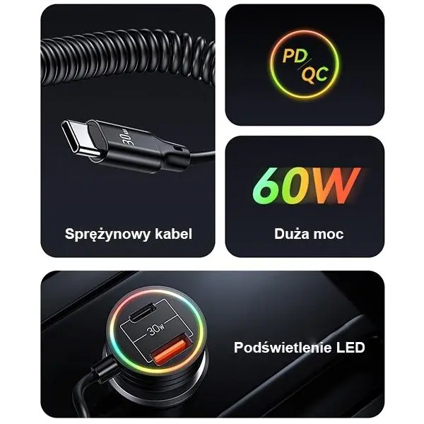 Ładowarka samochodowa USAMS C33 2xUSB-C 1xUSB-A  Fast Charge 60W Czarny