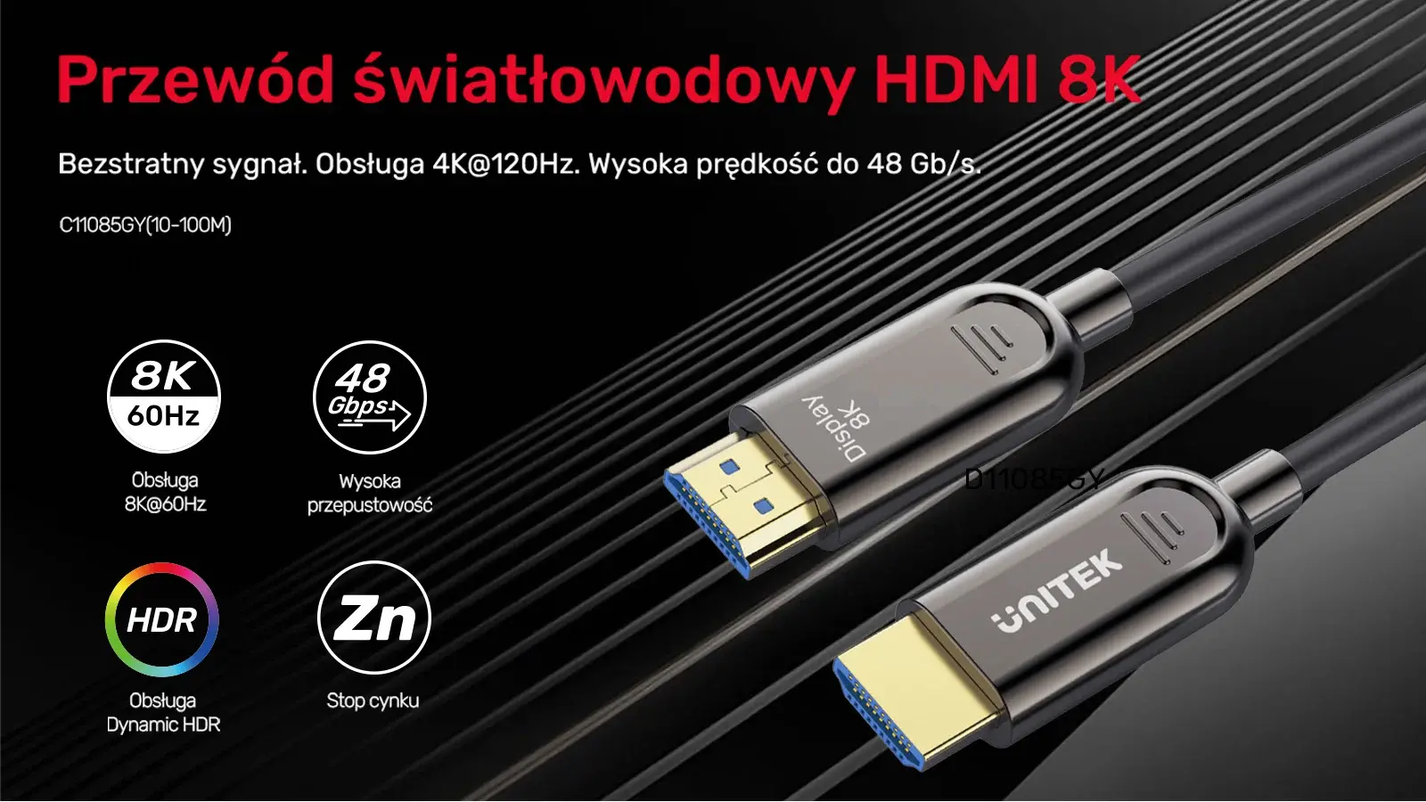 Kabel optyczny HDMI Unitek C11085GY01-100M HDMI 2.1 AOC 8K 120Hz 100m