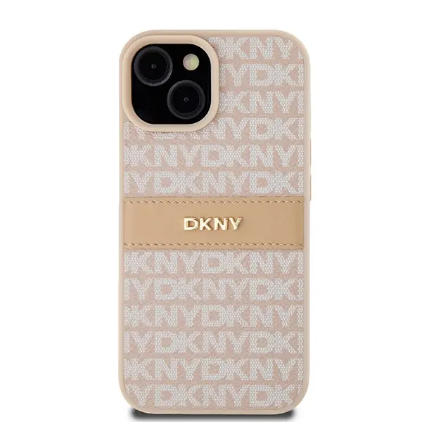 Etui DKNY Hardcase Leather Mono Stripe & Metal Logo do iPhone 15 Różowy