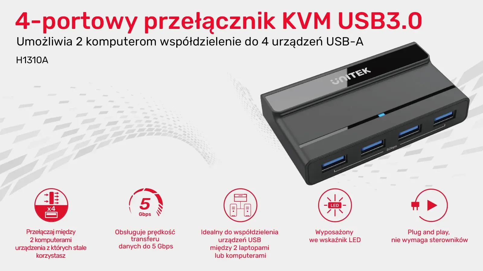Przełacznik KVM Unitek H1310A 4x USB-A 5Gbps Aktywny