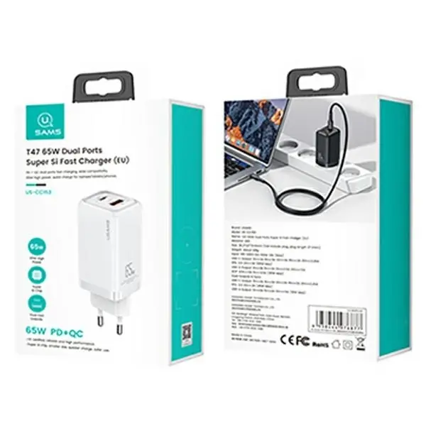 Ładowarka sieciowa USAMS T45 USB-C+USB 65W PD Super SI Biały