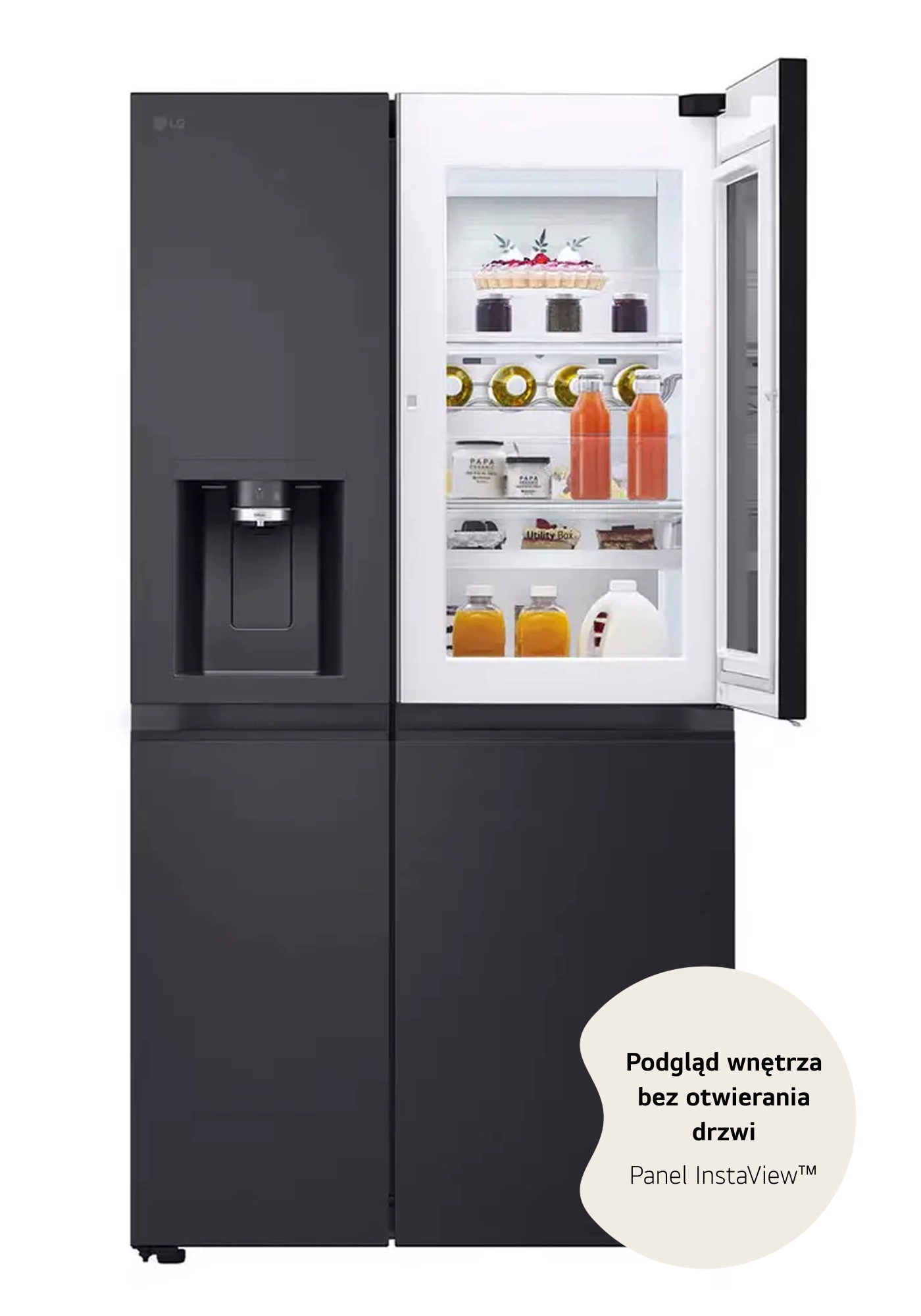 Lodówka LG SBS Instaview GSXE90EVAD Pełny No Frost 179cm Dystrybutor wody Komora świeżości Zdalne sterowanie Ciemny grafit stal