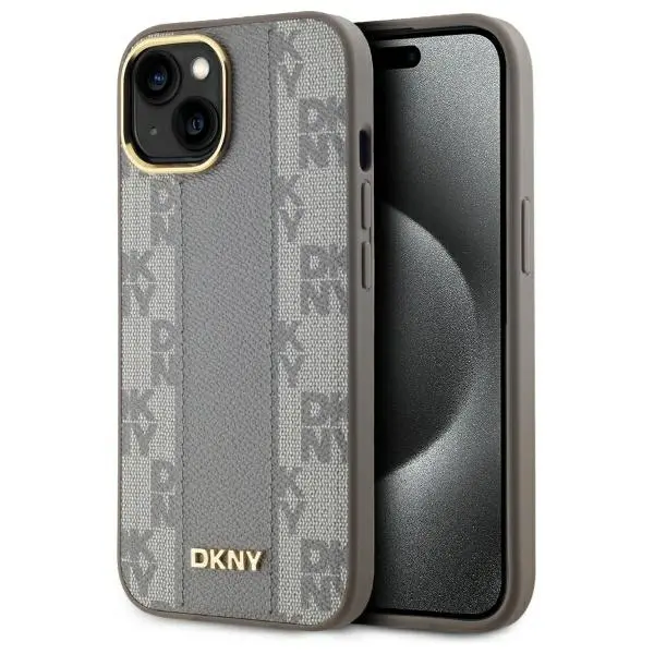 Etui DKNY Leather Checkered Mono Pattern MagSafe do iPhone 15 Plus Beżowy