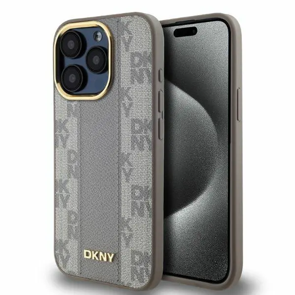 Etui DKNY Leather Checkered Mono Pattern MagSafe do iPhone 15 Pro Max Beżowy