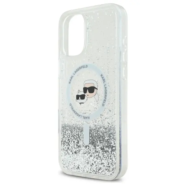 Etui Karl Lagerfeld Liquid Glitter Karl&Choupette Head MagSafe do iPhone 16 Przezroczysty