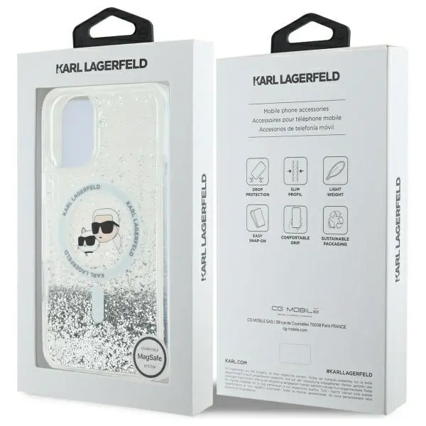 Etui Karl Lagerfeld Liquid Glitter Karl&Choupette Head MagSafe do iPhone 16 Przezroczysty