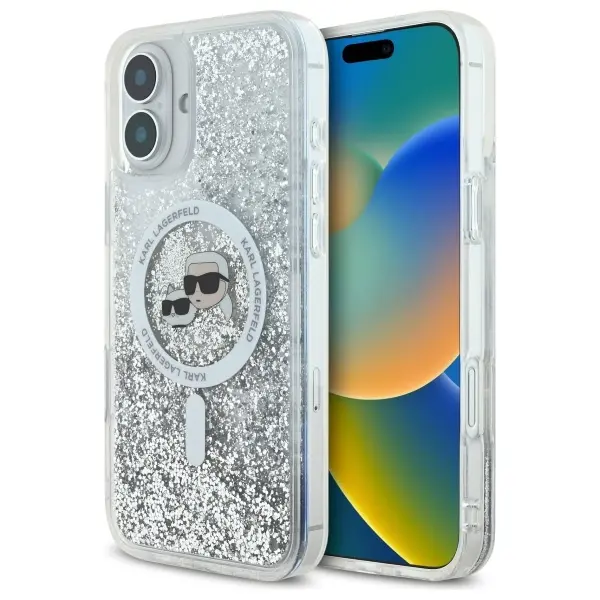 Etui Karl Lagerfeld Liquid Glitter Karl&Choupette Head MagSafe do iPhone 16 Przezroczysty