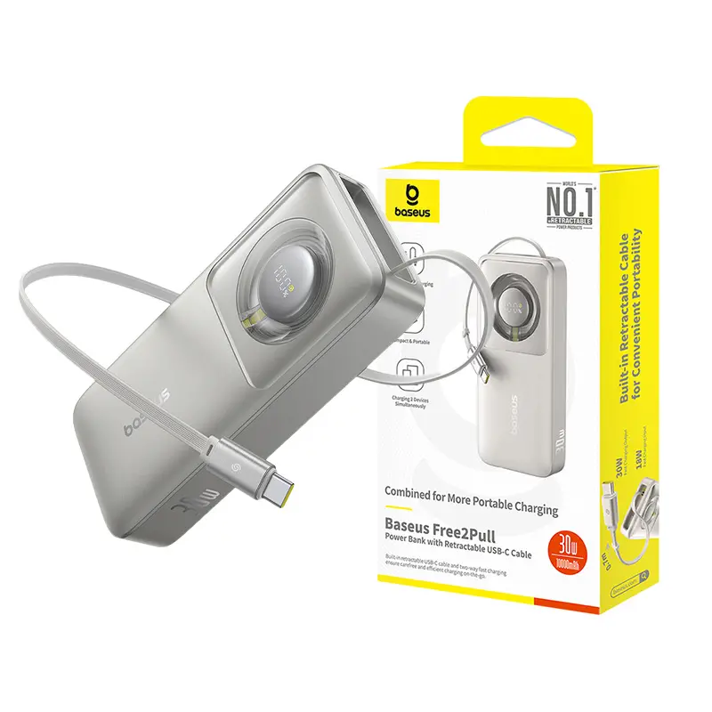 Powerbank Baseus Free2Pull 10000mAh 30W Wbudowany kabel Szary