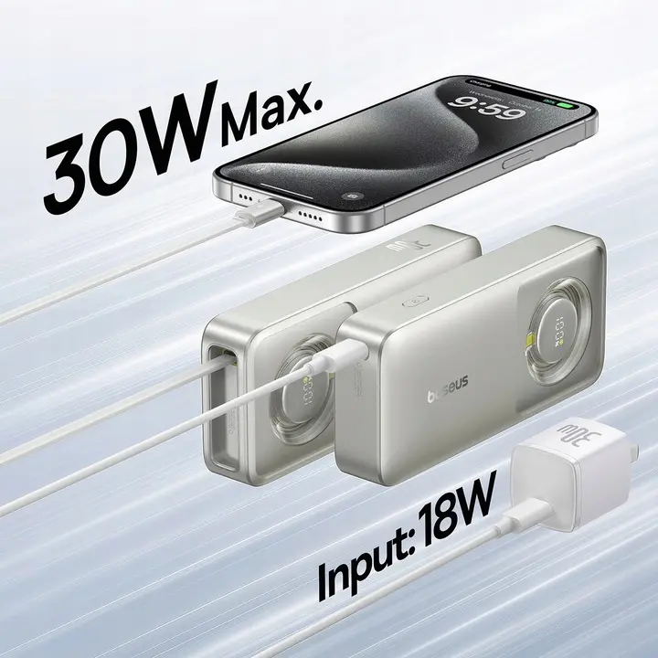 Powerbank Baseus Free2Pull 10000mAh 30W Wbudowany kabel Szary