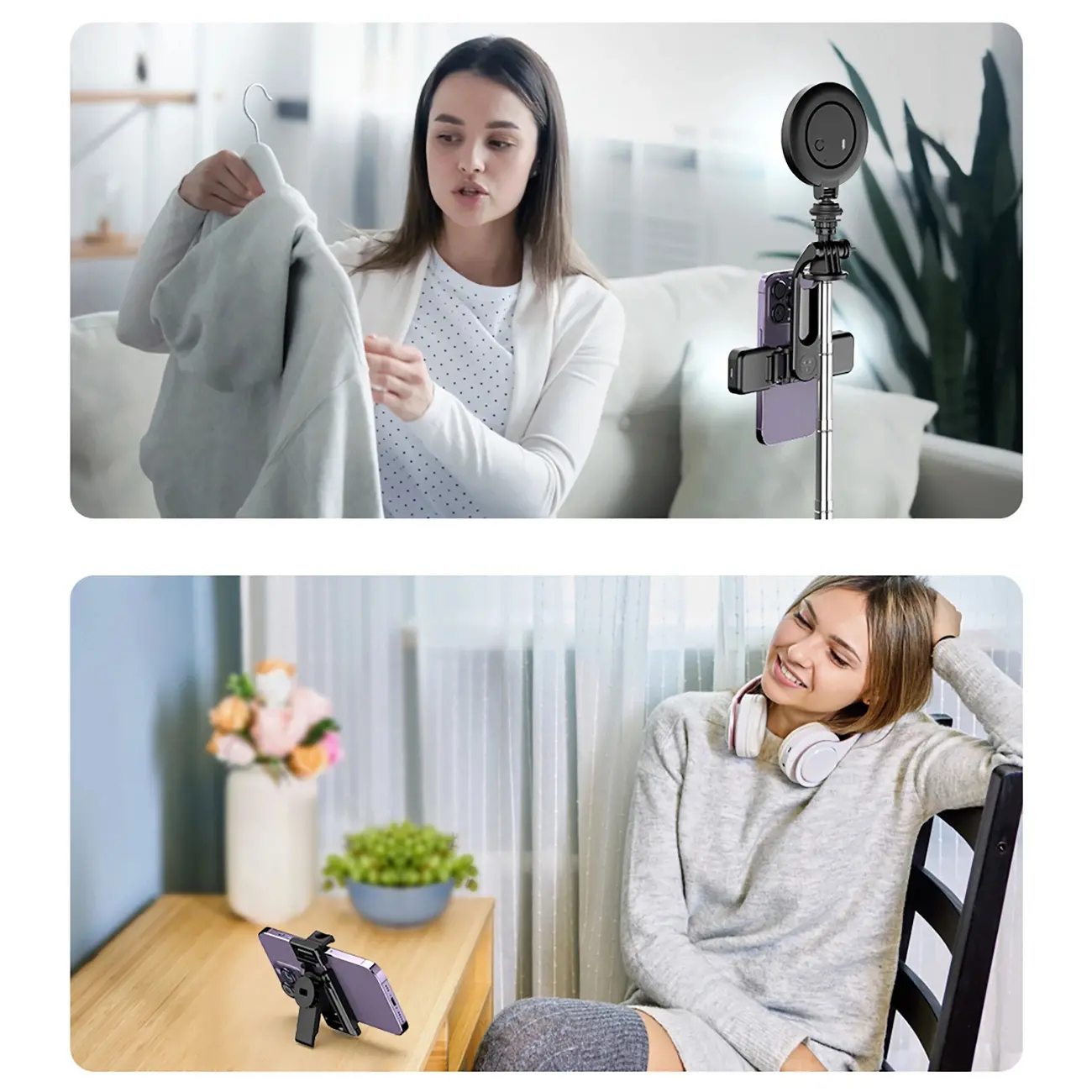 Selfie stick Hurtel WC13YDS 1,3m z podwójną lampą Czarno-srebrny