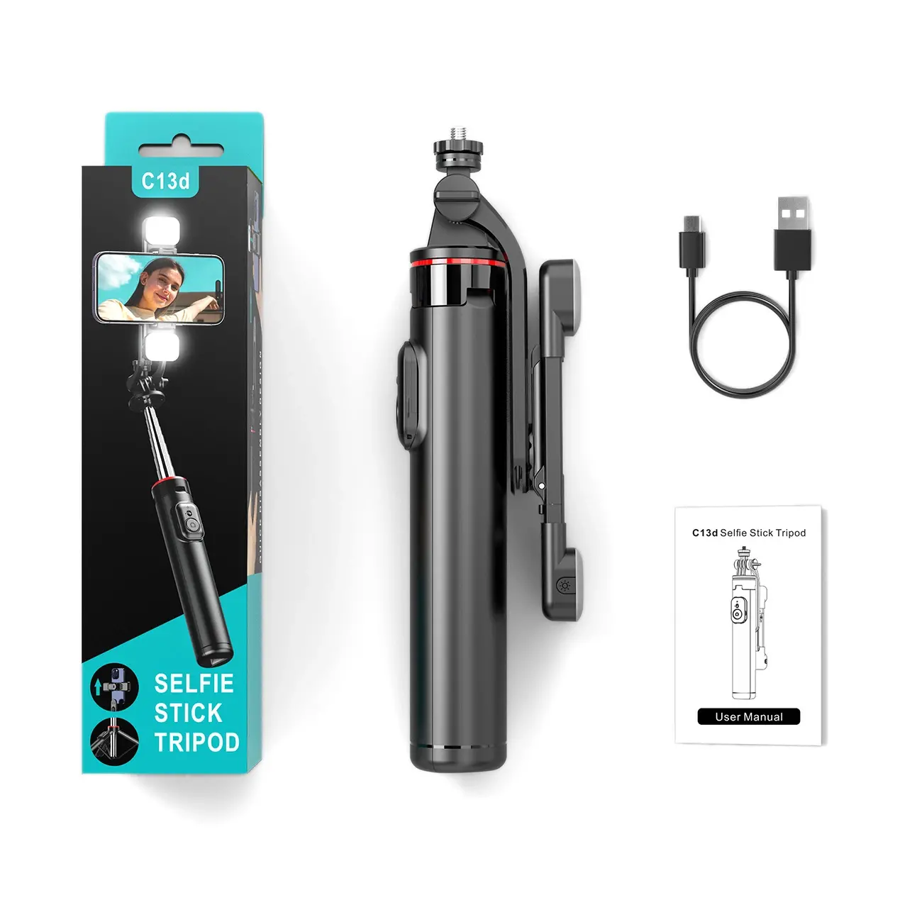 Selfie stick Hurtel WC13YDS 1,3m z podwójną lampą Czarno-srebrny