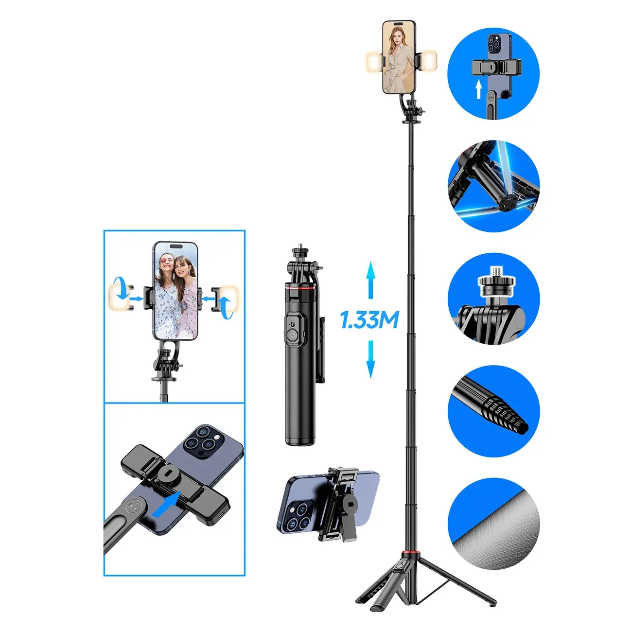 Selfie stick Hurtel WC12YDS 1,3m z podwójną lampą Czarny